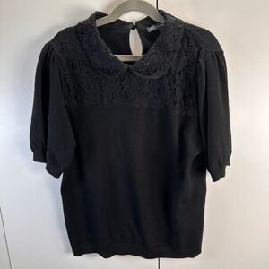 Adrianna Papell Women S Black Lace Collar Puff Sleeve Knit Top Minimal Cottage‎